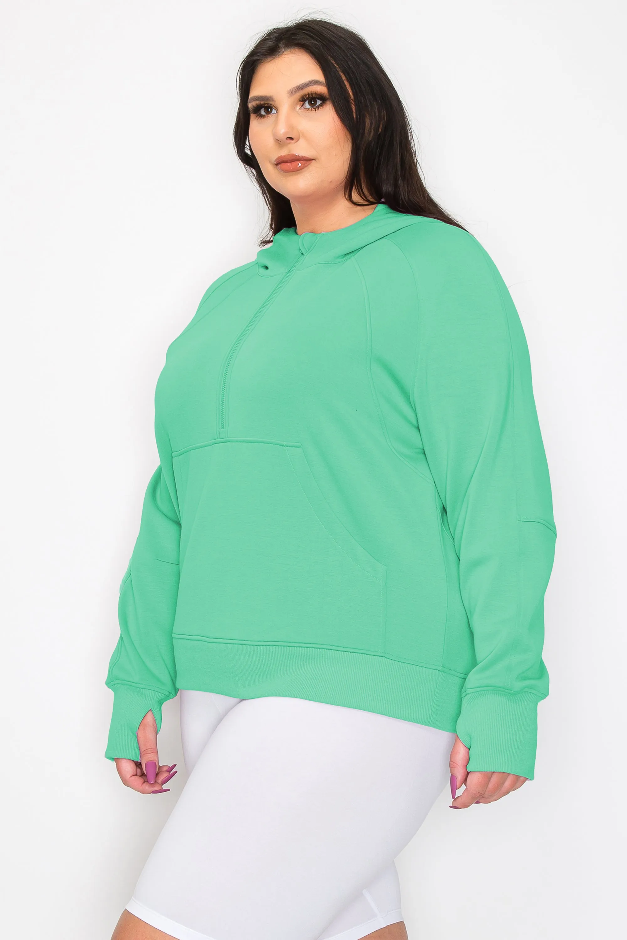 Women's Plus Size Half-Zip Scuba Hoodie with Thumb Hole