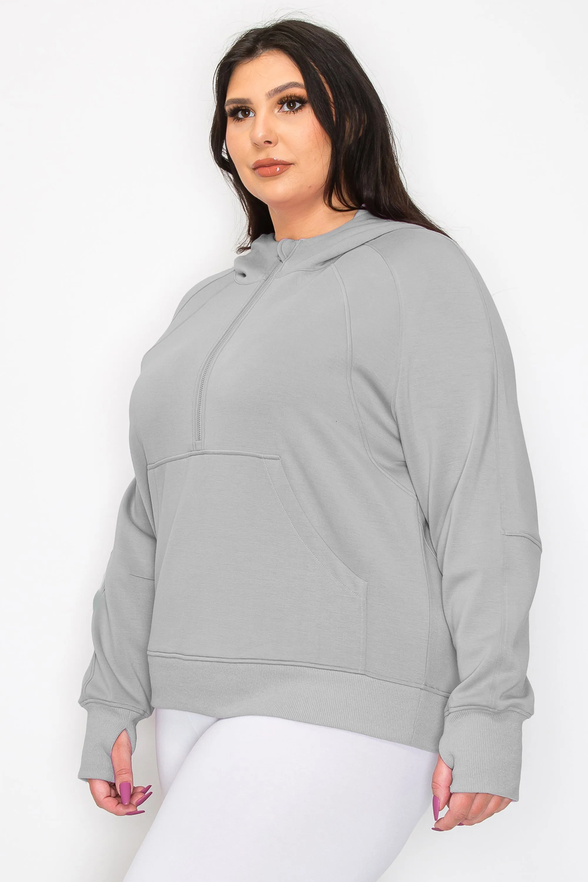 Women's Plus Size Half-Zip Scuba Hoodie with Thumb Hole