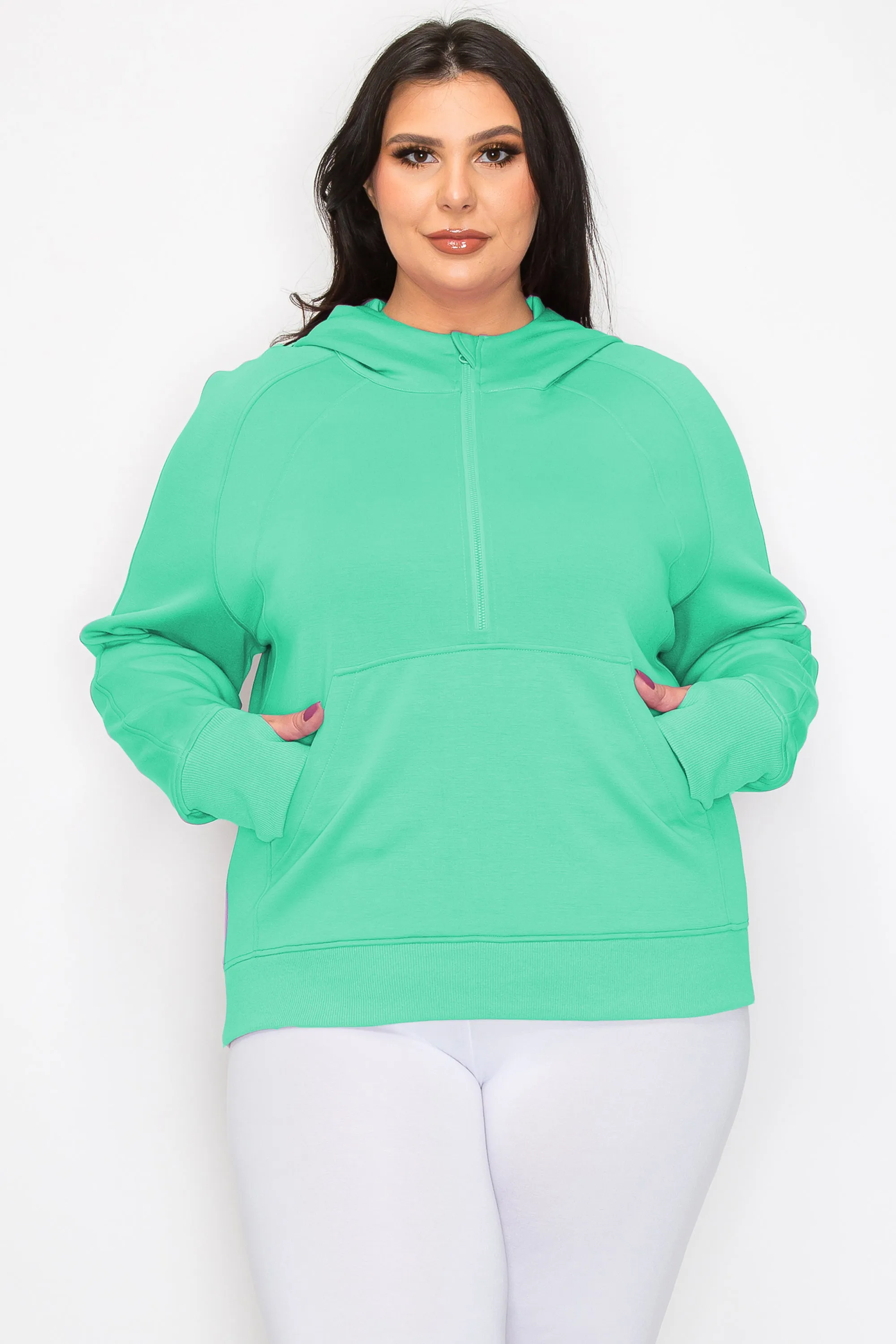 Women's Plus Size Half-Zip Scuba Hoodie with Thumb Hole
